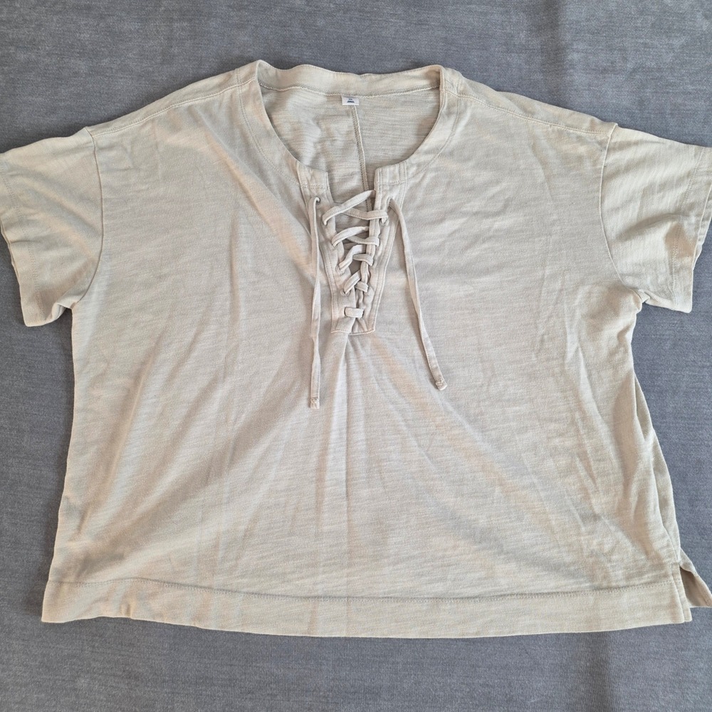 Neutral Boho Lace-Up Short Sleeve Top Cotton-Blend Summer Blouse Womens Size XXL